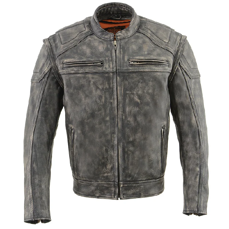 women's asymmetrical zipper jackets -Men’s Distressed Brown Leather Jacket with Zip-Off Sleeves