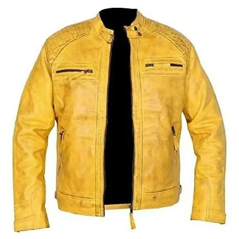 women's military-style coats -Yellow WAX Leather Motorcycle Jacket