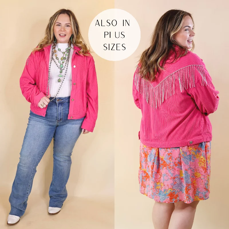 women's casual zip-up jackets -Signature Moves Button Up Corduroy Jacket with Crystal Fringe Back in Hot Pink