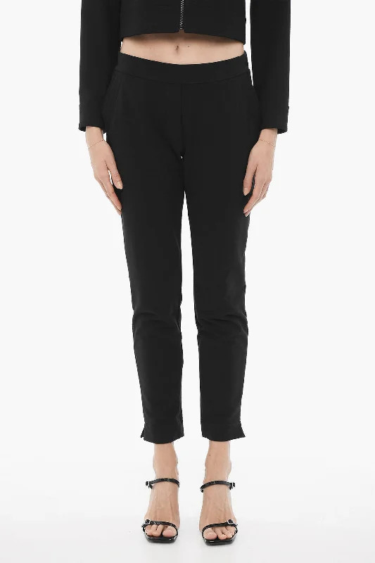 women's elastic waist pants -Oblò Unique Fleeced Cotton Casual Pants with Ankle Split