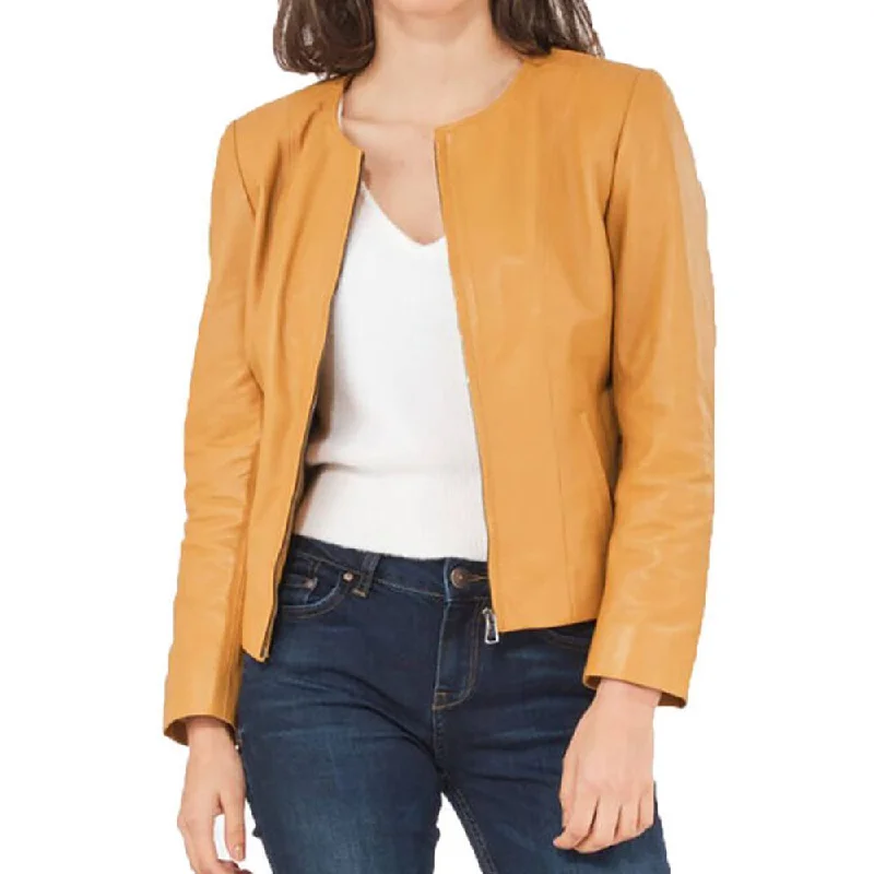 women's belted wool coats -Women Slim Fit Yellow Leather Jacket