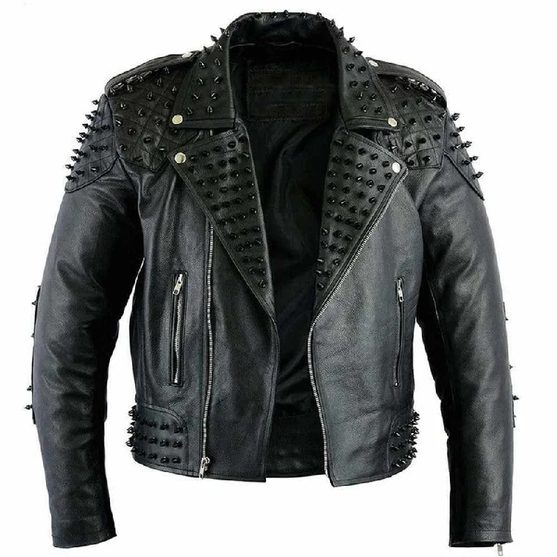 women's hooded winter coats -Studded Biker Black Leather Jacket