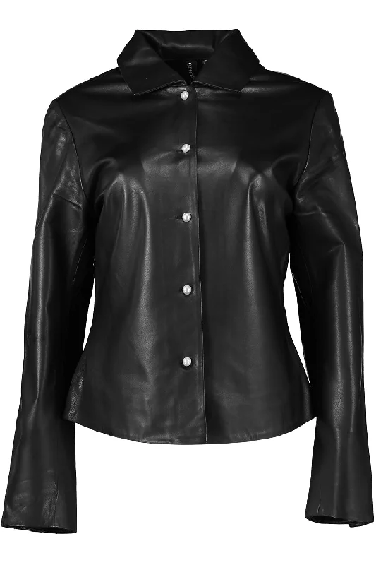 trendy faux leather coats for women -Shirt Jacket - Black