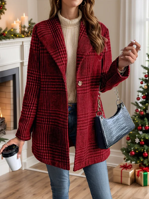 women's lightweight jackets -Plaid Collared Neck Long Sleeve Jacket