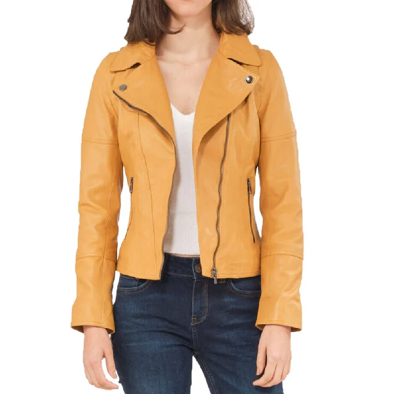 stylish faux suede coats for women -Yellow Slim Fit Biker Leather Jacket