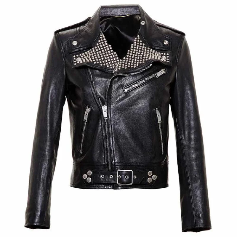 trendy parka coats for women -Men Black Leather Studded Brando Motorcycle Leather Jacket