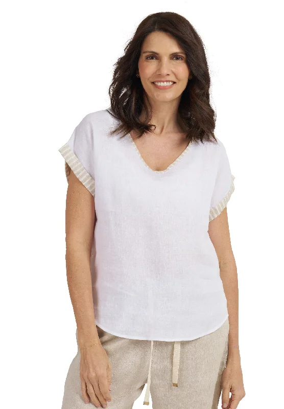 women's asymmetrical tops -Martina Beige Stripes Contrast Linen T-Shirt