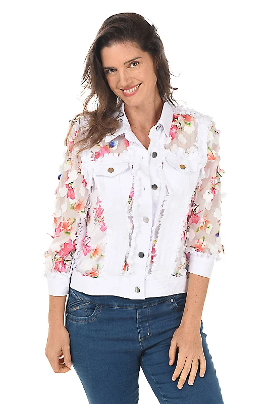 women's military-style coats -Flower Petal Sheer Distressed Denim Jacket