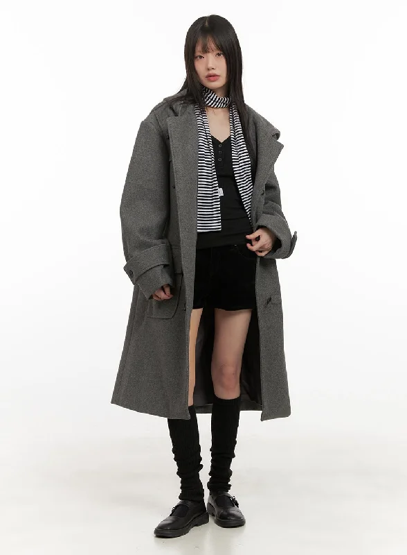 women's embroidered coats -Oversized Wool-Blend Hooded Coat CD425