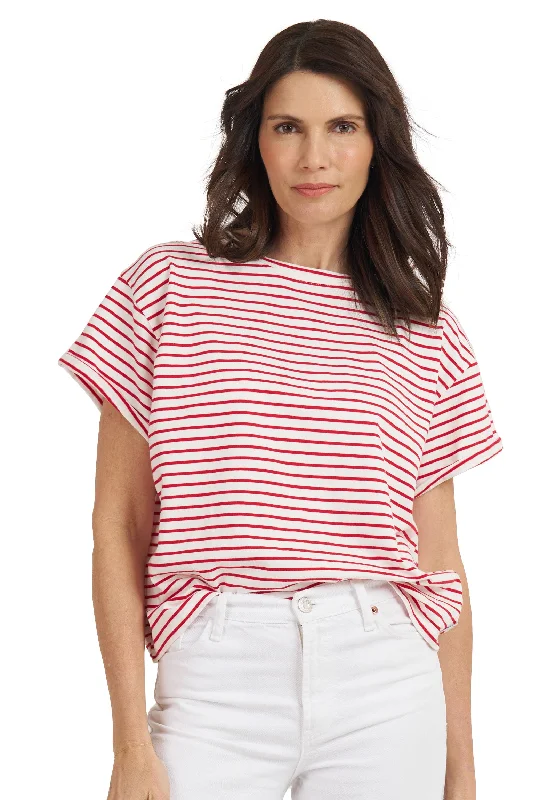 women's layered tops -Francy Red Stripes Rolled Sleeve T-Shirt