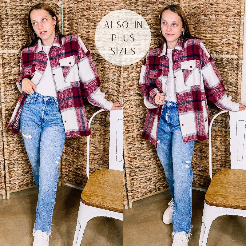 women's padded winter coats -Cozy Memories Plaid Jacket with Front Pockets in Maroon