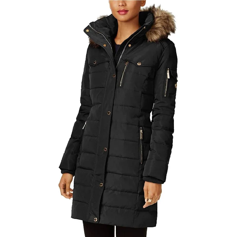 trendy biker-style jackets for women -Faux Fur Trim Removable Hood Down Puffer Coat In Black