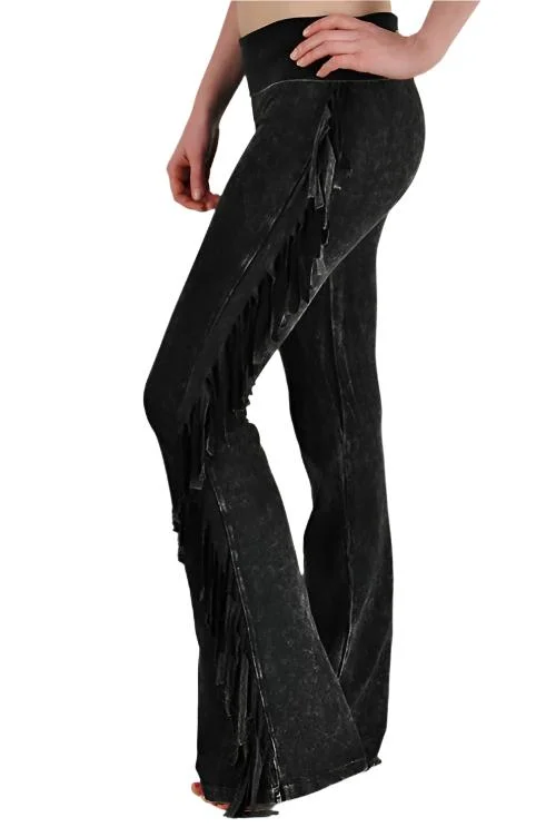 stylish straight-fit trousers for women -T-Party Fold Down Fringe Sides Mineral Washed Yoga Pants SS496