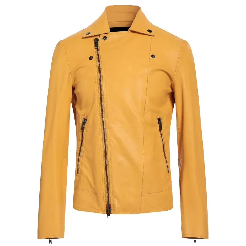 women's quilted coats -Men Slim Fit Yellow Zip-Up Leather Jacket