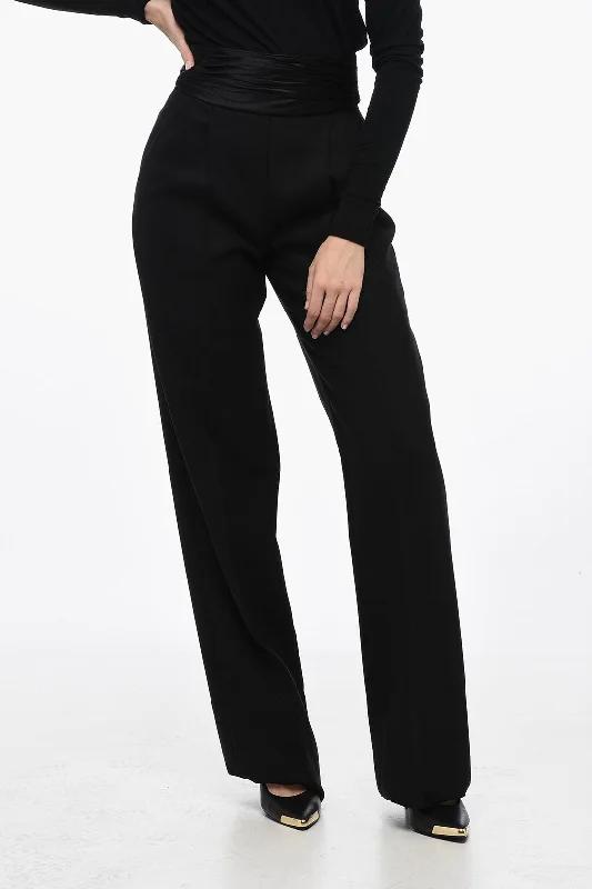 ladies' straight-leg trousers -LaQuan Smith Pleated Tailored Pants with Sash-Belt