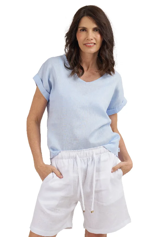 stylish peplum tops for women -Martina Powder Blue Sand Washed Linen T-Shirt