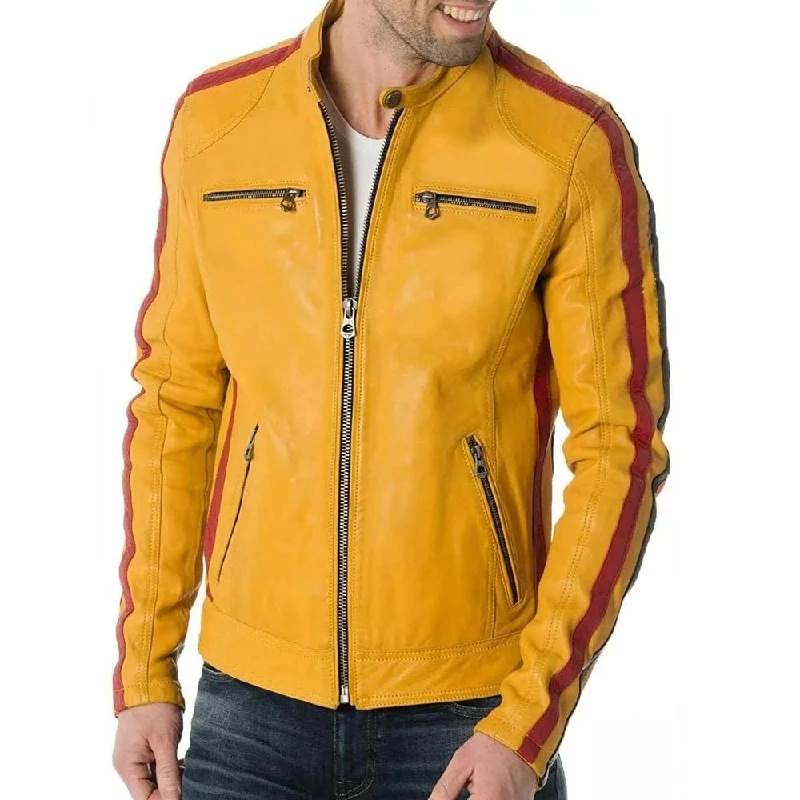 women's formal evening coats -Cafe Racer Yellow Bike Leather Jacket