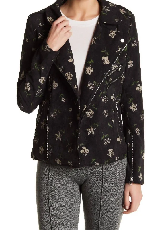 women's collared wrap coats -Floral Moto Corduroy Jacket In Black