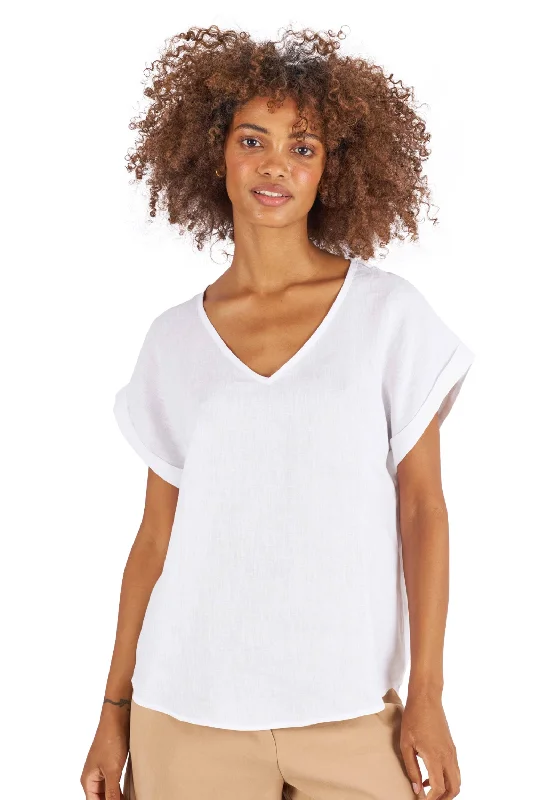 trendy metallic tops for women -Martina White Sand Washed Linen T-Shirt