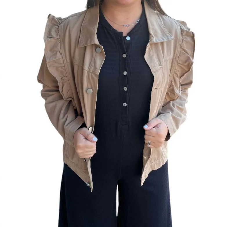 women's double-breasted coats -Ruffled Denim Jacket In Tan