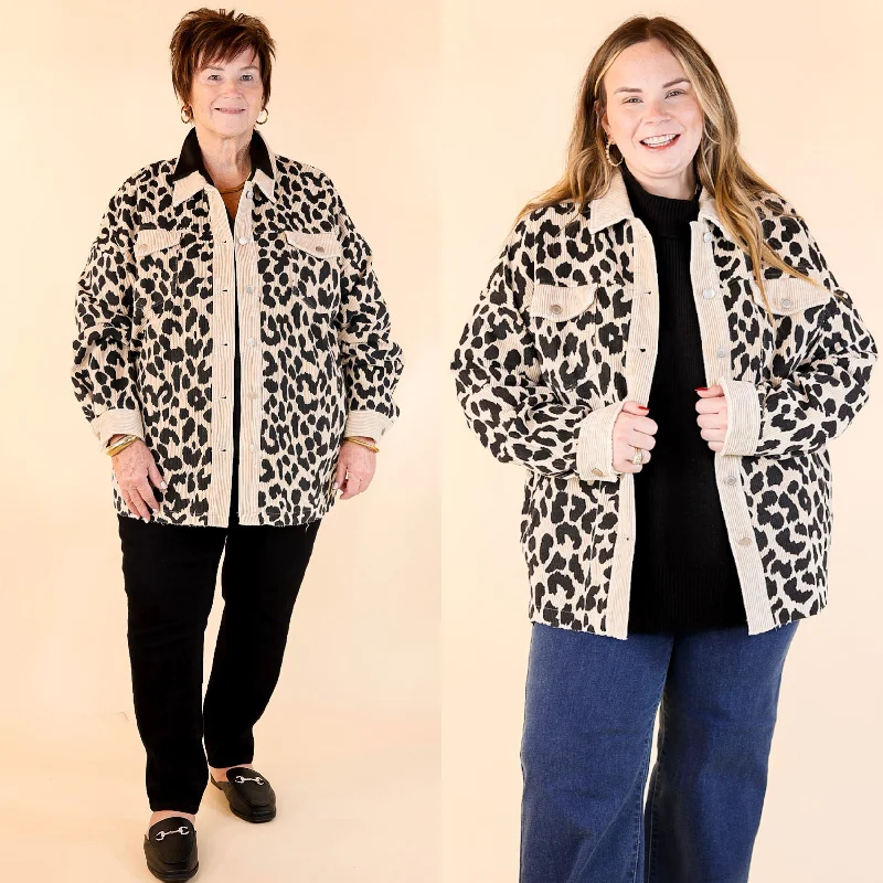 ladies' fleece bomber jackets -Quick To Cuddle Leopard Print Corduroy Jacket in Beige