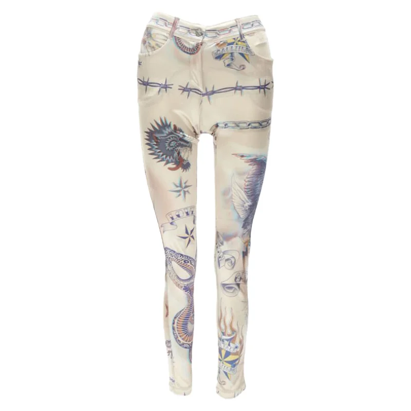 women's formal dress pants -Jean Paul Gaultier Punk Tattoo Print Polyamide Skinny Pants