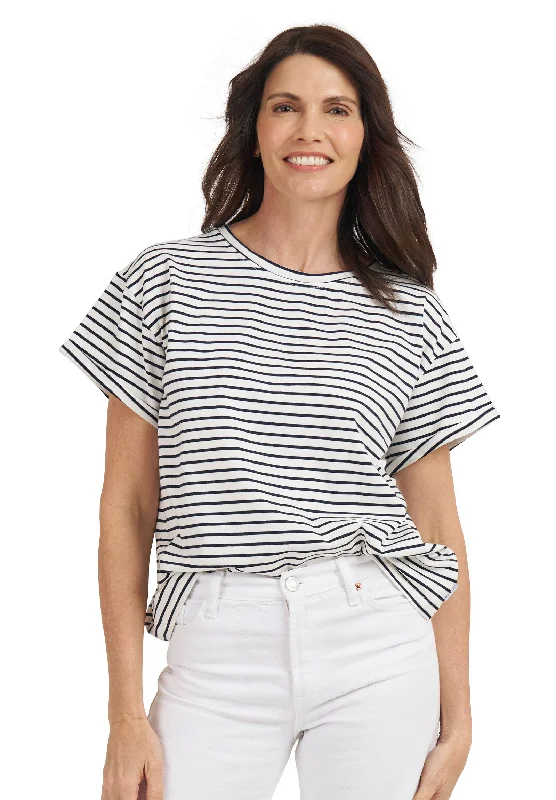 women's smocked tops -Francy Black Stripes Rolled Sleeve T-Shirt