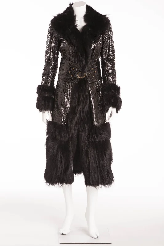 trendy quilted longline coats for women -Roberto Cavalli - As Seen on 2005 Roberto Cavalli Runway Collection - Black Python Coat with Fur - IT 40