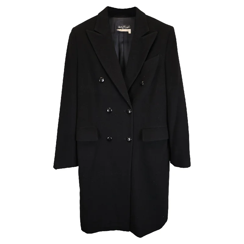 women's warm fleece coats -Ferragamo Classic Double-Breasted Overcoat in Navy Blue Wool