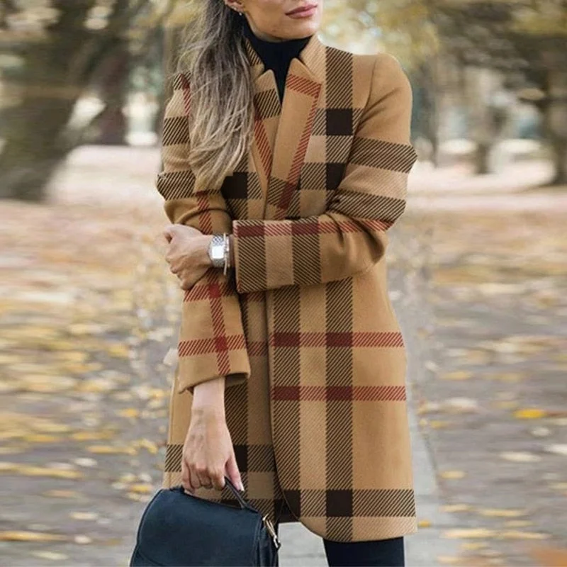 stylish tailored coats for women -DressBetty - Plaid Printing Long Thin Coat