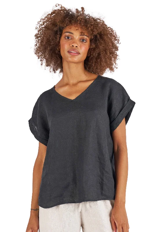 women's draped tops -Martina Black Sand Washed Linen T-Shirt