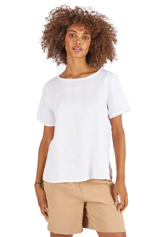 women's sheer sleeve tops -Teena-Linen White T-Shirt