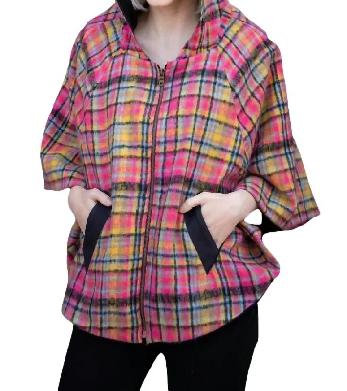 women's winter coats -Mari Cape In Pink Plaid