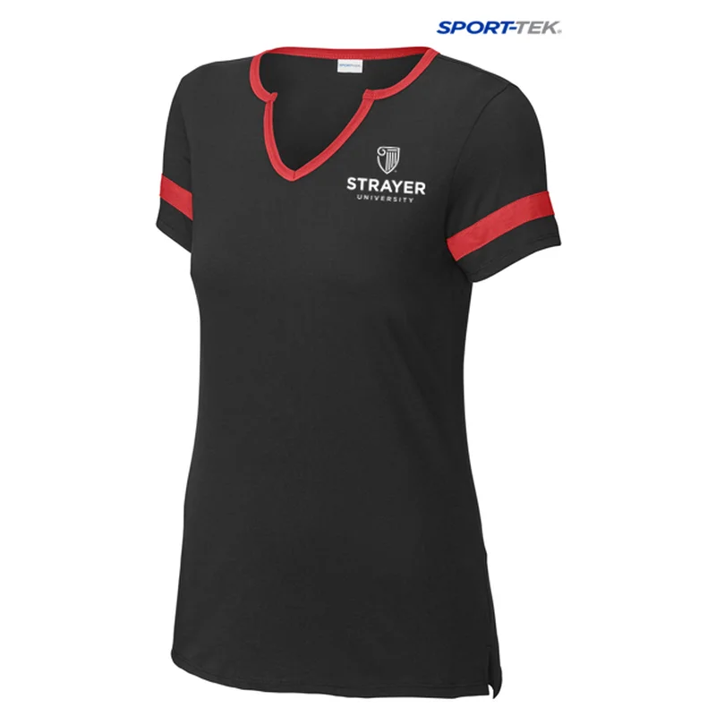 ladies' bell sleeve tops -NEW STRAYER Sport-Tek® Ladies Halftime Notch Neck Tee - Black/ Deep Red