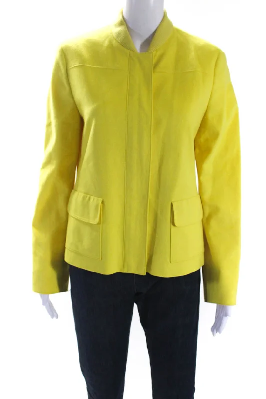 women's shearling-lined coats -Akris Punto Womens Front ZIp Ribbed Crew Neck Light Jacket Yellow Wool