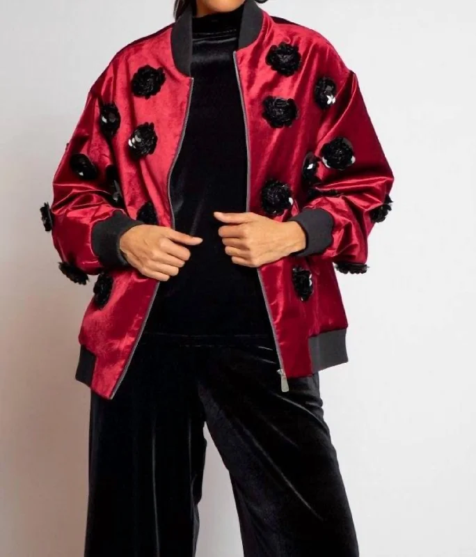 stylish metallic jackets for women -Velvet Floral Embroidered Bomber Jacket In Burgundy