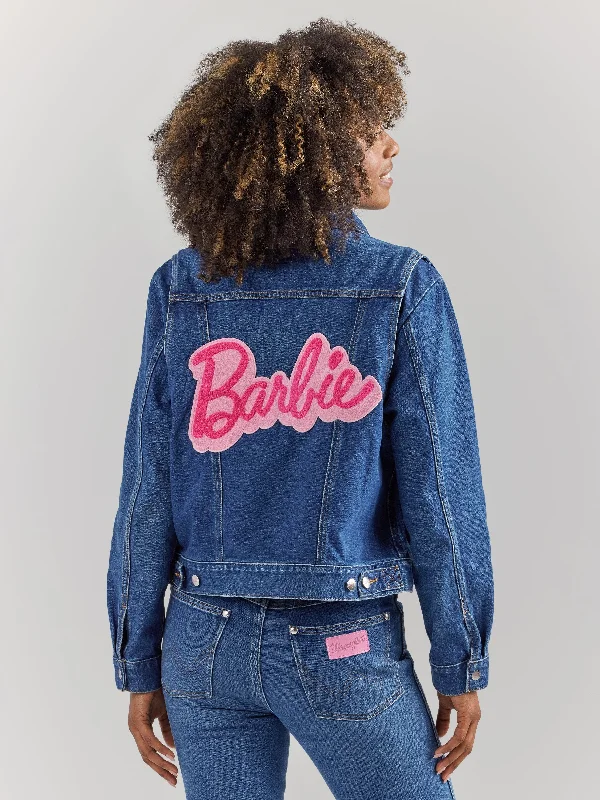 ladies' belted puffer coats -Wrangler X Barbie Women's Zip Front Denim Jacket In Wrangler Blue