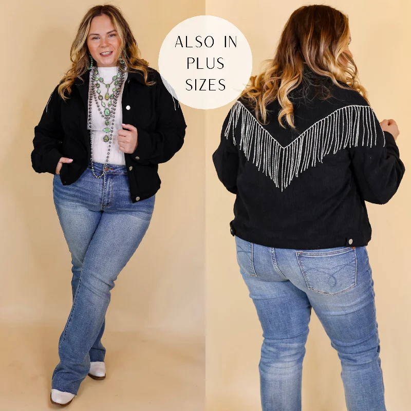 ladies' lightweight windbreakers -Signature Moves Button Up Corduroy Jacket with Crystal Fringe Back in Black