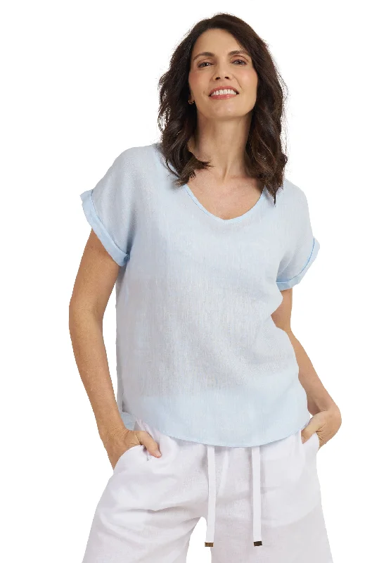 women's crochet tops -Martina Sky Blue Melange Linen T-Shirt