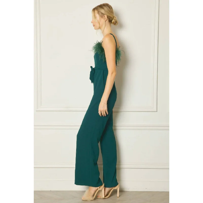 women's fleece-lined leggings -Entro - Feather Trim Jumpsuit