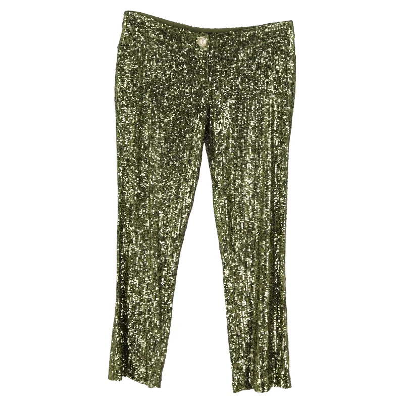 women's wrap skirts -Balmain Cropped Stretch-Tulle Flared Pants in Green Sequins