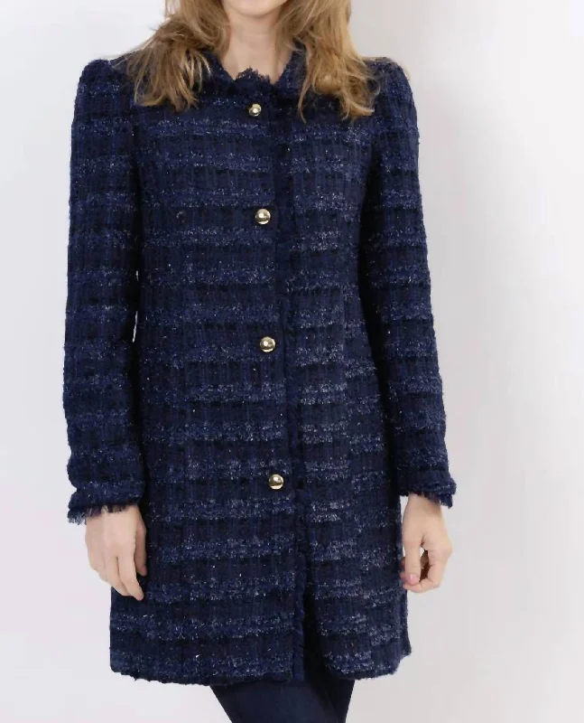 women's hybrid down jackets -Navy Sparkle Tweed Button Front Coat