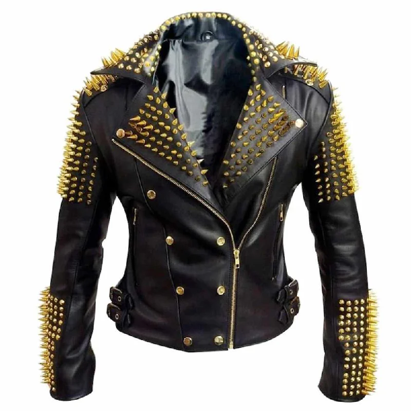 women's leather coats -Golden Studded leather Jacket