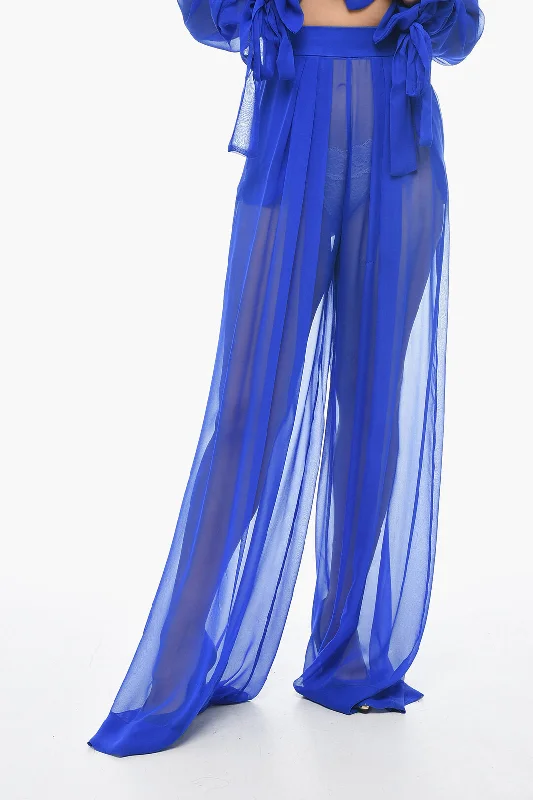 women's elastic waist pants -LaQuan Smith Silk Chiffon Palazzo Pants with Side Zip