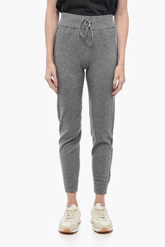 women's drawstring joggers -Philipp Plein Knitted KELLY Joggers with Rhinestoned Detail