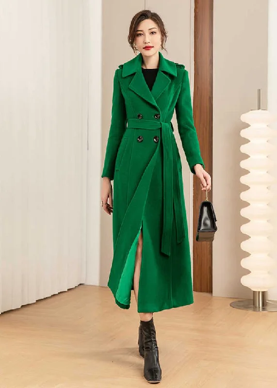 ladies' high-neck coats -Green Double Breasted Wool Blend Long Coat