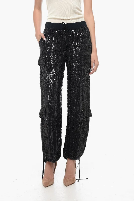 stylish ripped boyfriend jeans for women -Parosh Sequined Cargo Pants with Draw-String