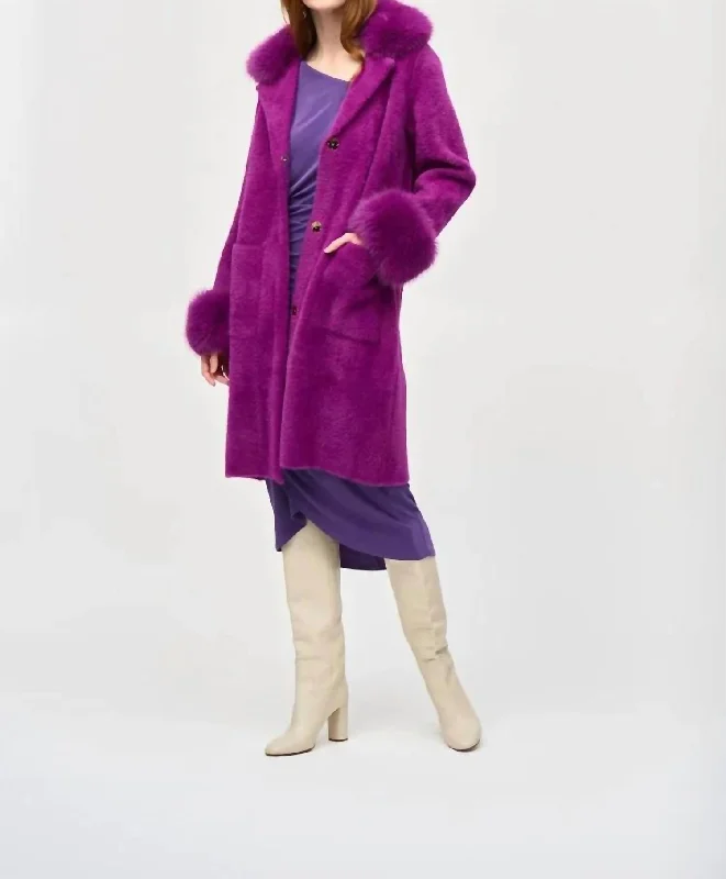 women's draped lapel coats -Long Sweater Coat With Fur Trim In Empress