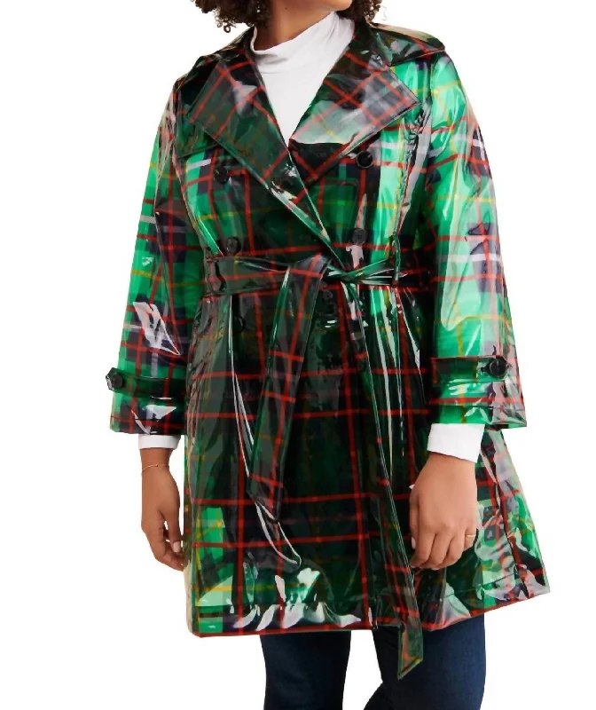 women's double-breasted coats -London Fog Plaid Raincoat In Green