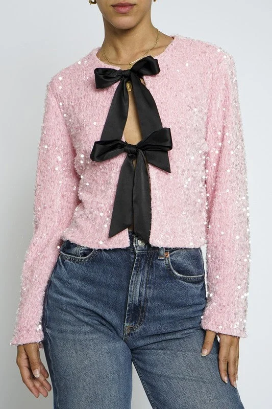 women's draped lapel coats -Veda Long Sleeve Sequined Bow Tie Jacket Pink